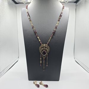 VTG Art Deco Czech Glass Amethyst Lavalier Necklace & Screwback Earrings Set